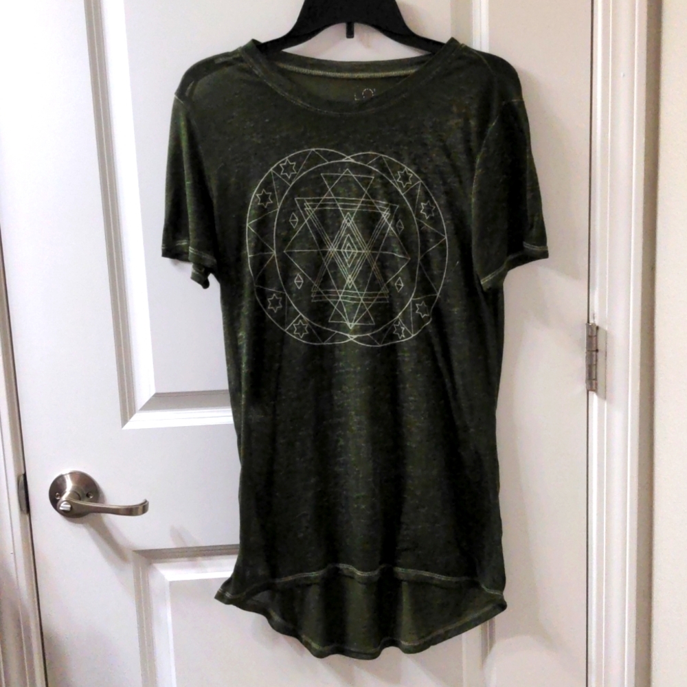 LOL VINTAGE Sage Green Sacred Geometry Short Sleeve Sheer Women's Tunic Large